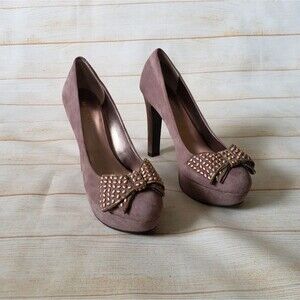 Nine West Memorie Suede Leather Round Toe Bow Platform Heels Pink Size 7 1/2M